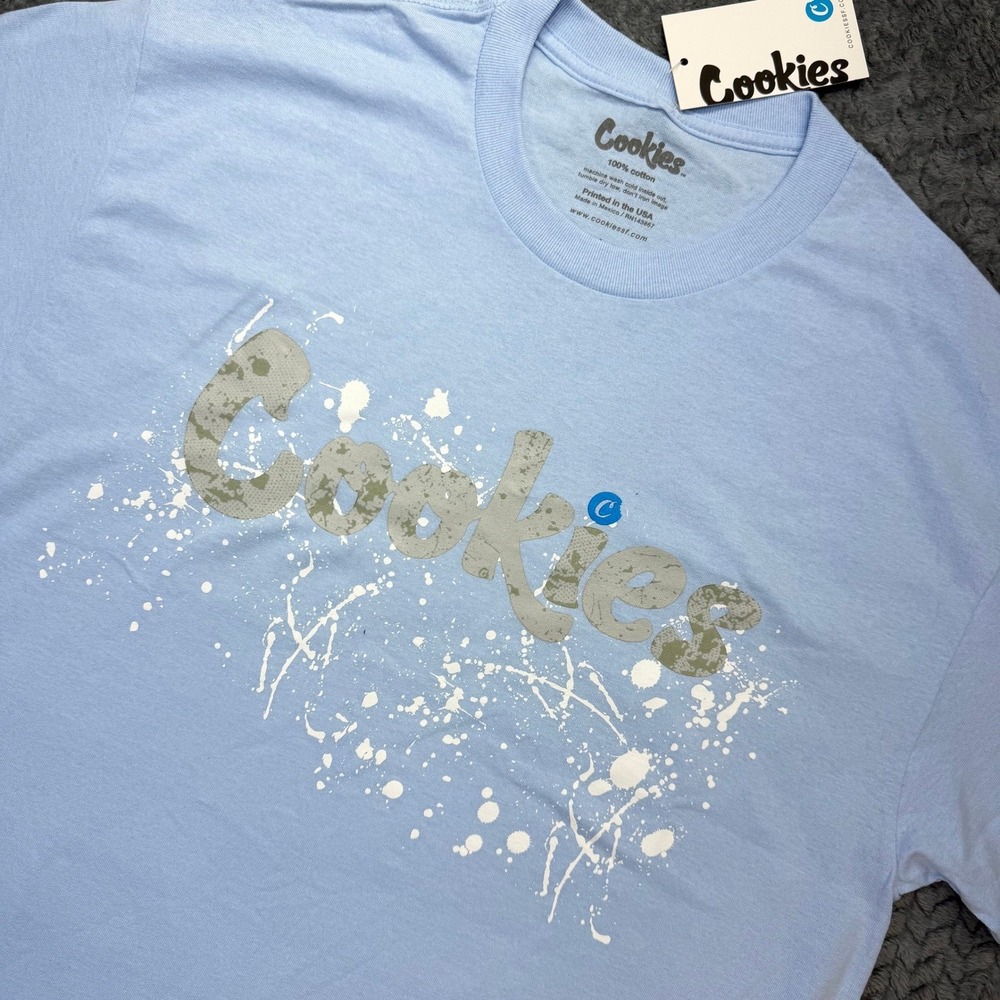 NWT Cookies SF T-Shirt Mens Large Regular Light Blue Cotton Camo Splatter Logo